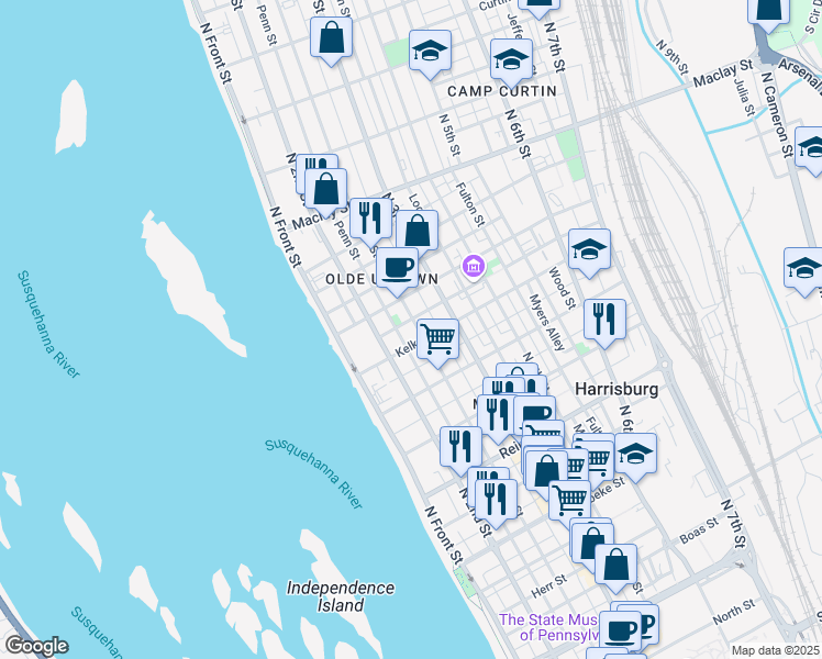 map of restaurants, bars, coffee shops, grocery stores, and more near 1804 Green Street in Harrisburg
