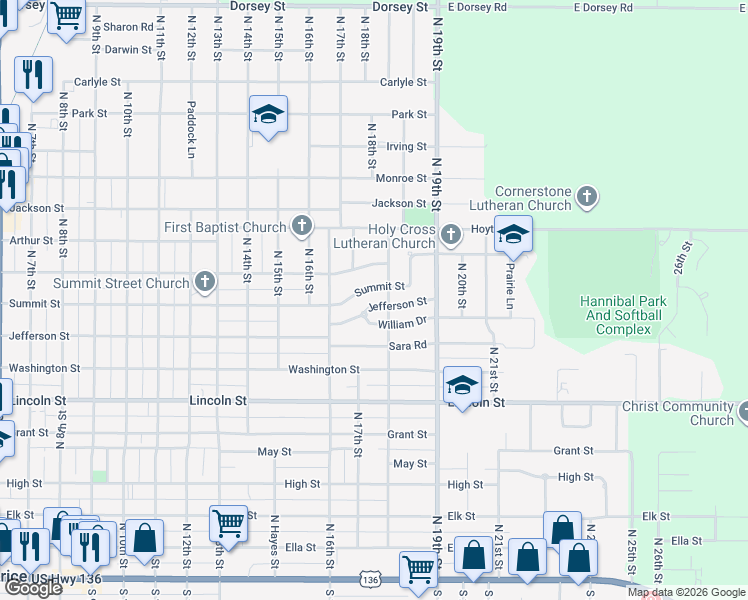 map of restaurants, bars, coffee shops, grocery stores, and more near 1718 Jefferson Street in Beatrice