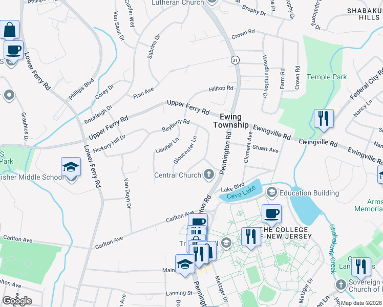 map of restaurants, bars, coffee shops, grocery stores, and more near 10 Gloucester Lane in Ewing Township