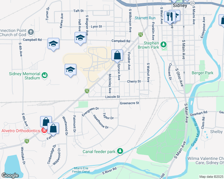 map of restaurants, bars, coffee shops, grocery stores, and more near 910 Mckinley Avenue in Sidney