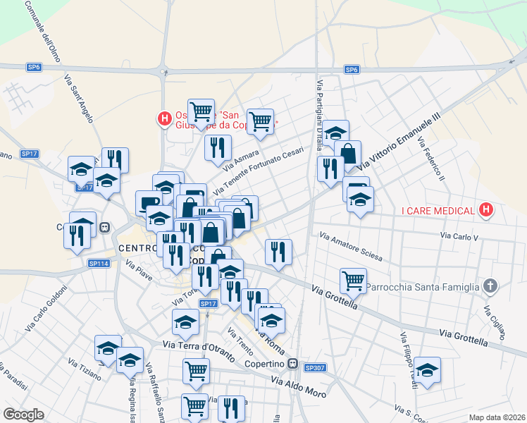 map of restaurants, bars, coffee shops, grocery stores, and more near 17 Via Monsignor Salvatore Nestola in Copertino
