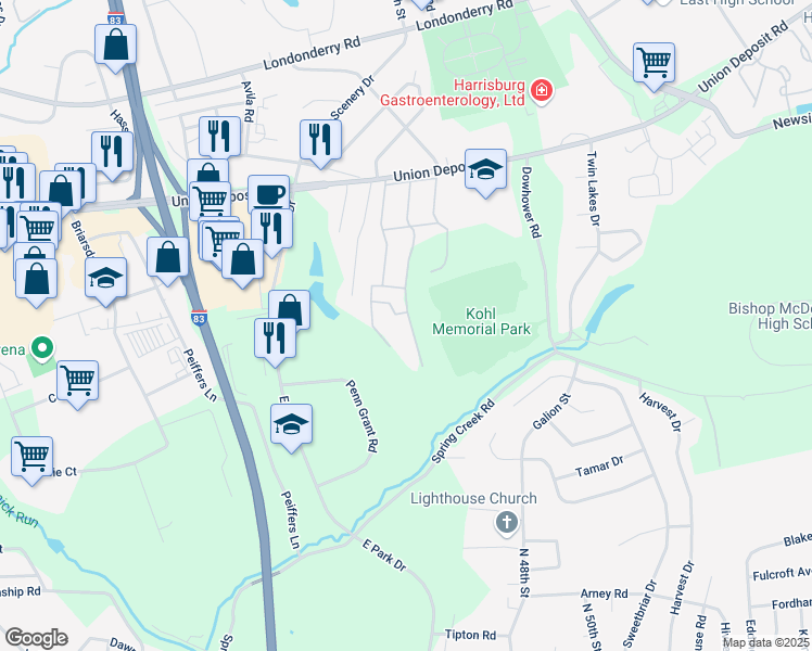 map of restaurants, bars, coffee shops, grocery stores, and more near 42 Lakepoint Drive in Harrisburg