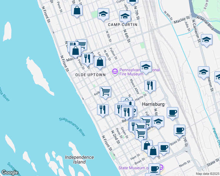 map of restaurants, bars, coffee shops, grocery stores, and more near 1738 North 3rd Street in Harrisburg