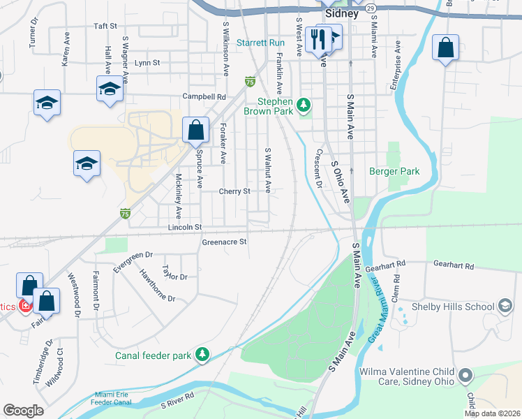 map of restaurants, bars, coffee shops, grocery stores, and more near 871 South Walnut Avenue in Sidney