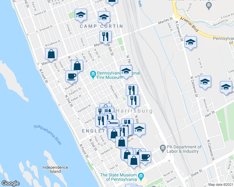 map of restaurants, bars, coffee shops, grocery stores, and more near 1625 North 5th Street in Harrisburg