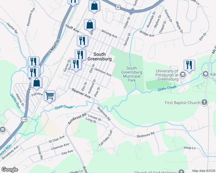 map of restaurants, bars, coffee shops, grocery stores, and more near 1519 Oak St in Greensburg