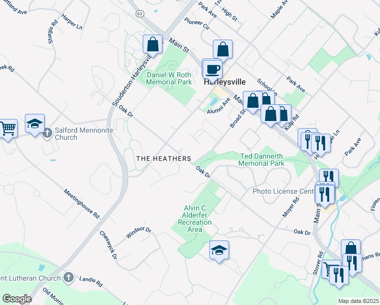 map of restaurants, bars, coffee shops, grocery stores, and more near 479 Oak Dr in Harleysville