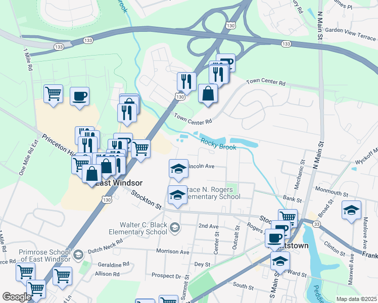 map of restaurants, bars, coffee shops, grocery stores, and more near 5 Rocky Brook Court in Hightstown