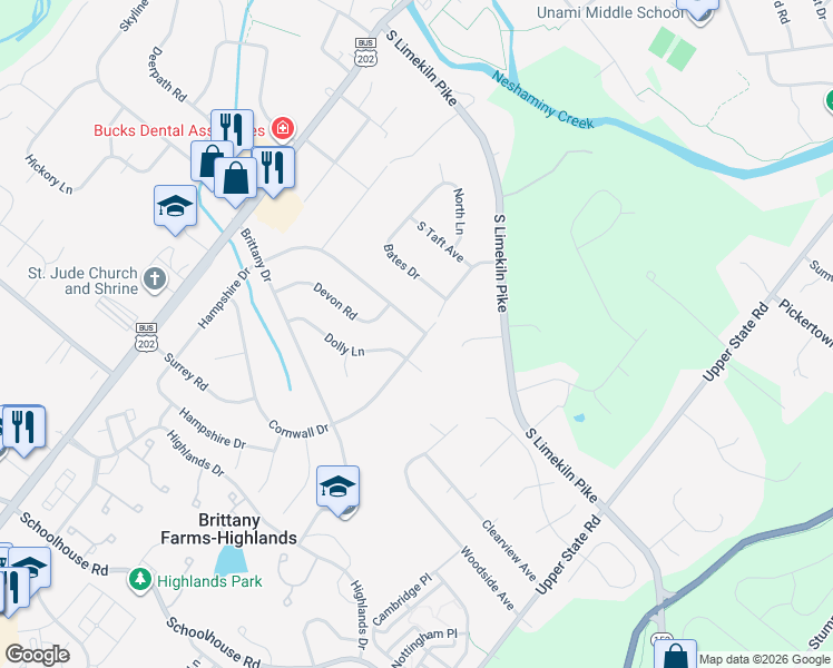 map of restaurants, bars, coffee shops, grocery stores, and more near 136 Hampshire Drive in Chalfont