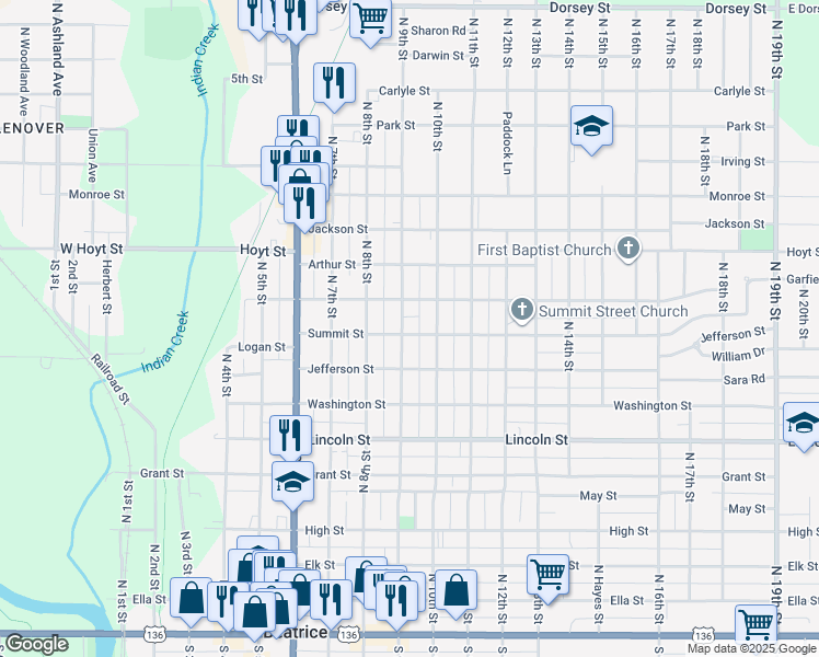 map of restaurants, bars, coffee shops, grocery stores, and more near 902 North 9th Street in Beatrice