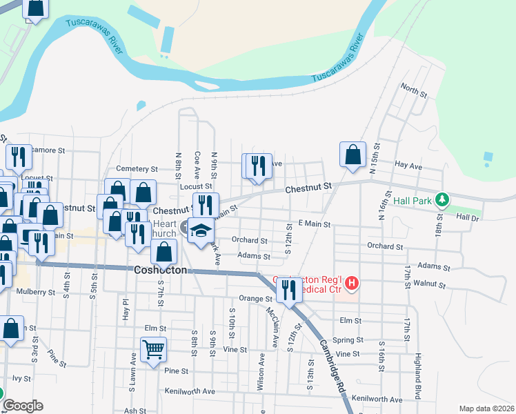 map of restaurants, bars, coffee shops, grocery stores, and more near 113 North 11th Street in Coshocton