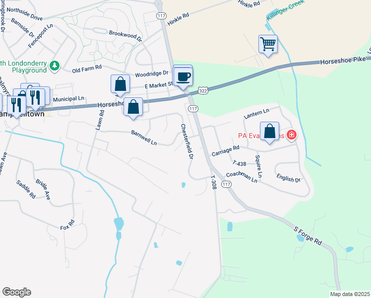 map of restaurants, bars, coffee shops, grocery stores, and more near 81 Chesterfield Drive in Palmyra