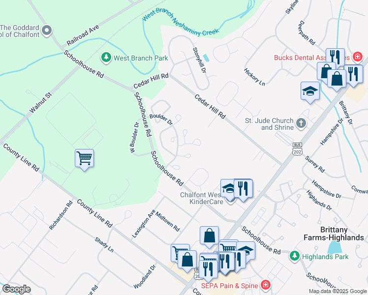 map of restaurants, bars, coffee shops, grocery stores, and more near 304 Rocky Court West in Chalfont