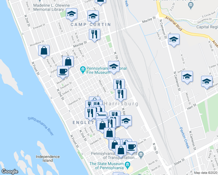 map of restaurants, bars, coffee shops, grocery stores, and more near 1625 N 5th St in Harrisburg