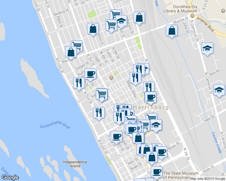 map of restaurants, bars, coffee shops, grocery stores, and more near 1728 Logan Street in Harrisburg
