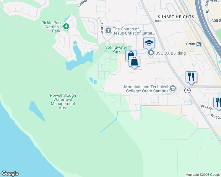 map of restaurants, bars, coffee shops, grocery stores, and more near 1229 South 1840 West in Orem