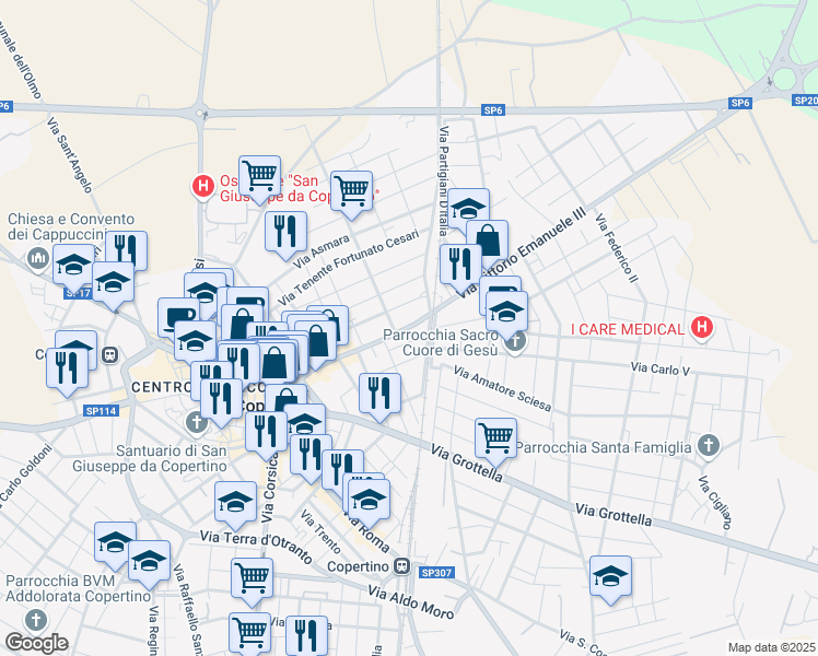 map of restaurants, bars, coffee shops, grocery stores, and more near 294 Via Mariano Cosimo in Copertino
