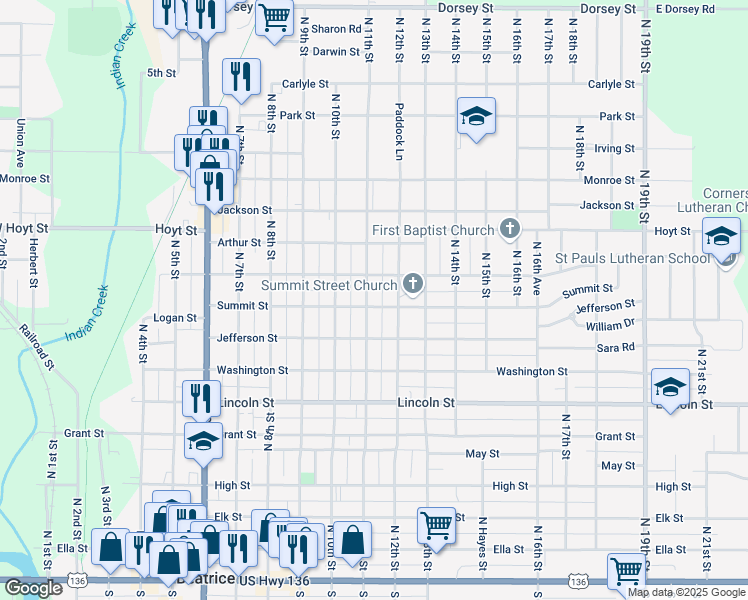 map of restaurants, bars, coffee shops, grocery stores, and more near 900 North 11th Street in Beatrice
