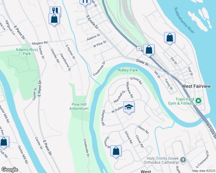 map of restaurants, bars, coffee shops, grocery stores, and more near 611 Erford Road in Camp Hill