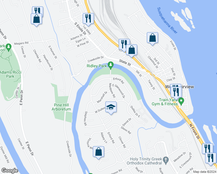 map of restaurants, bars, coffee shops, grocery stores, and more near 1612 Matthew Road in Camp Hill