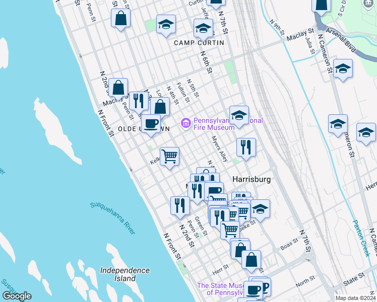 map of restaurants, bars, coffee shops, grocery stores, and more near 1728 Logan Street in Harrisburg
