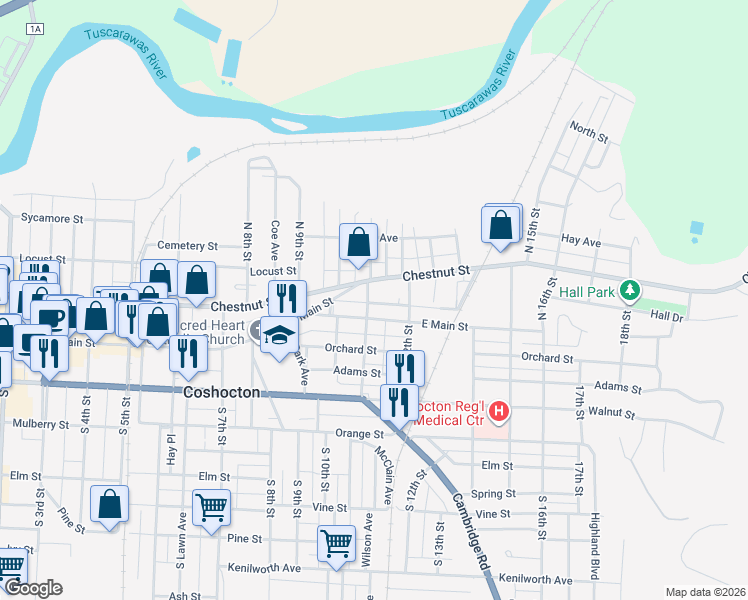 map of restaurants, bars, coffee shops, grocery stores, and more near 113 North 11th Street in Coshocton