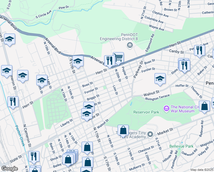 map of restaurants, bars, coffee shops, grocery stores, and more near 1901 Forster Street in Harrisburg