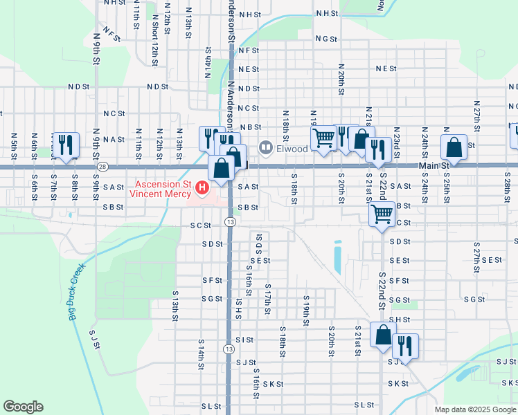 map of restaurants, bars, coffee shops, grocery stores, and more near in Elwood