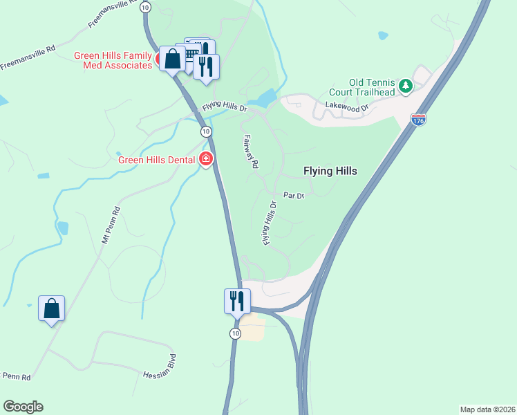 map of restaurants, bars, coffee shops, grocery stores, and more near 45 Muirfield Drive in Reading