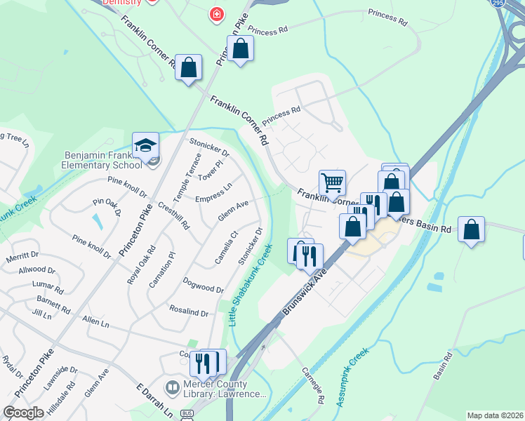 map of restaurants, bars, coffee shops, grocery stores, and more near 34 Stonicker Drive in Lawrence Township