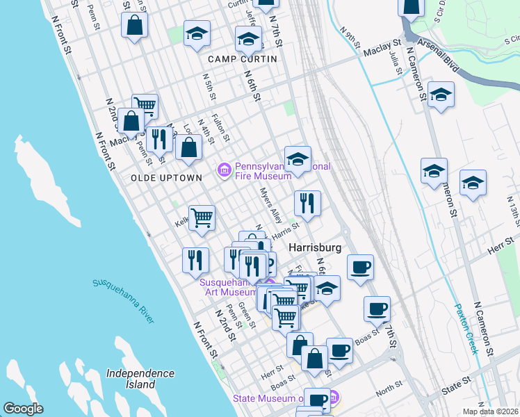 map of restaurants, bars, coffee shops, grocery stores, and more near 420 Hamilton Street in Harrisburg