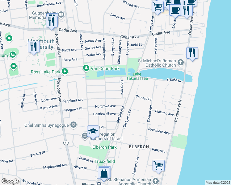 map of restaurants, bars, coffee shops, grocery stores, and more near 232 Lockwood Avenue in Long Branch