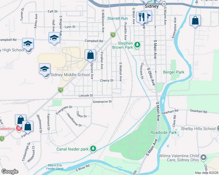 map of restaurants, bars, coffee shops, grocery stores, and more near 869 Chestnut Avenue in Sidney