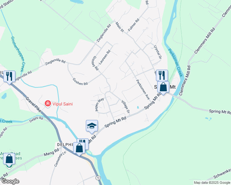 map of restaurants, bars, coffee shops, grocery stores, and more near 76 Village Drive in Schwenksville