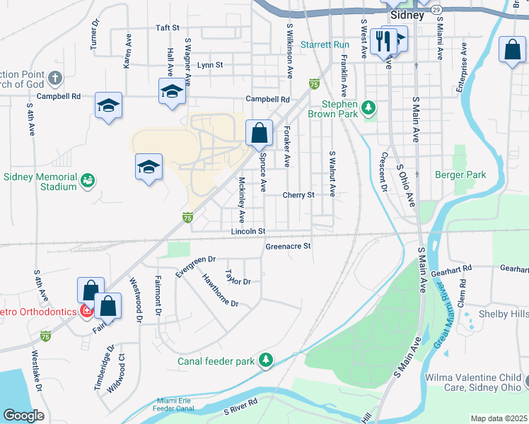 map of restaurants, bars, coffee shops, grocery stores, and more near 916 Spruce Avenue in Sidney