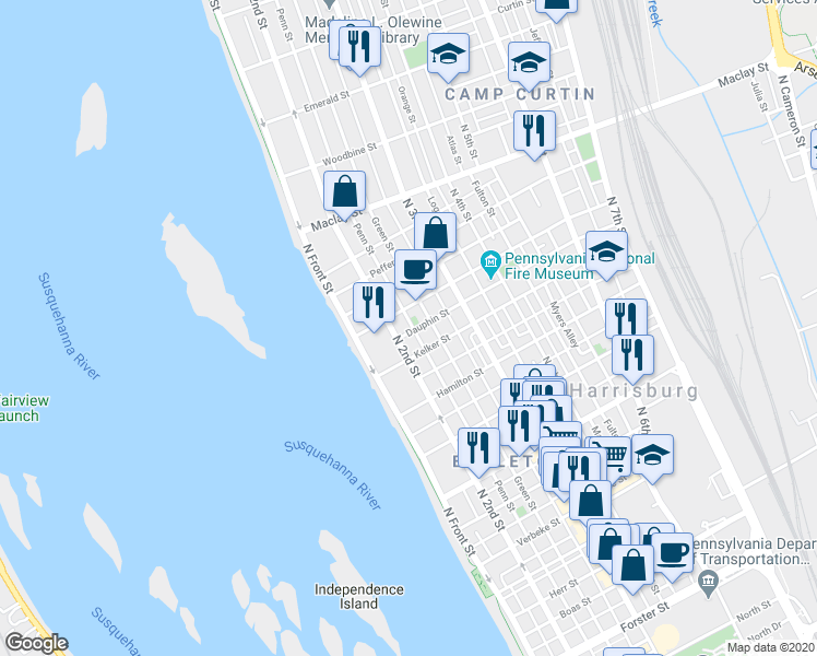 map of restaurants, bars, coffee shops, grocery stores, and more near 1820 Penn Street in Harrisburg