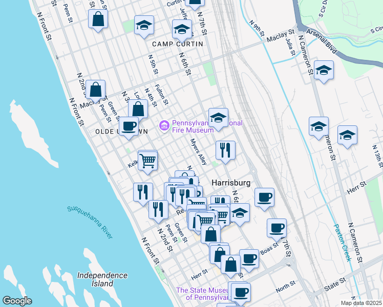 map of restaurants, bars, coffee shops, grocery stores, and more near 424 Hamilton Street in Harrisburg