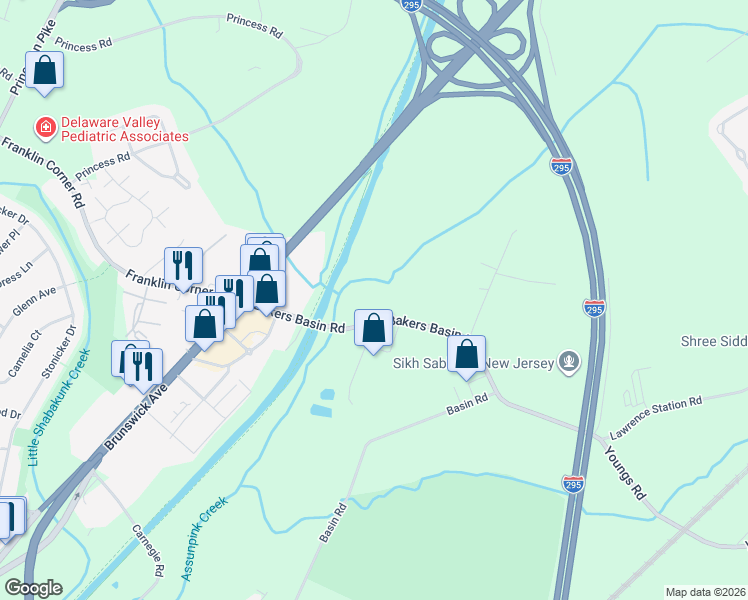 map of restaurants, bars, coffee shops, grocery stores, and more near 220 Bakers Basin Road in Lawrence Township