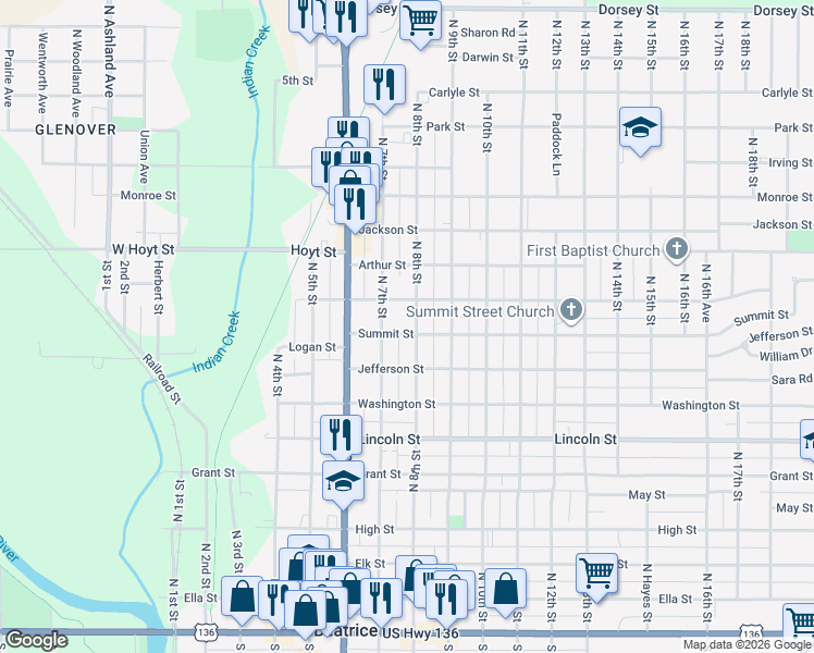 map of restaurants, bars, coffee shops, grocery stores, and more near 901 North 8th Street in Beatrice