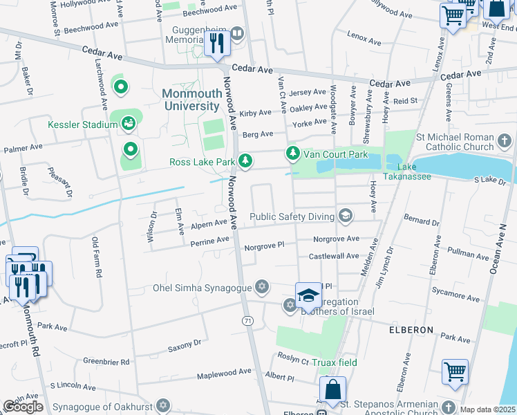 map of restaurants, bars, coffee shops, grocery stores, and more near 881 Red Oaks Drive in Long Branch