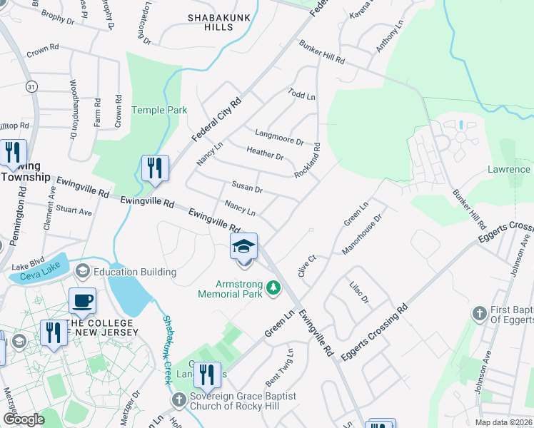 map of restaurants, bars, coffee shops, grocery stores, and more near 220 Nancy Lane in Ewing Township