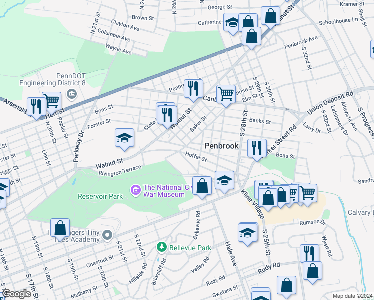 map of restaurants, bars, coffee shops, grocery stores, and more near 2502 Hoffer Street in Harrisburg