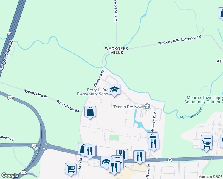 map of restaurants, bars, coffee shops, grocery stores, and more near 12 Twin Rivers Drive North in Hightstown