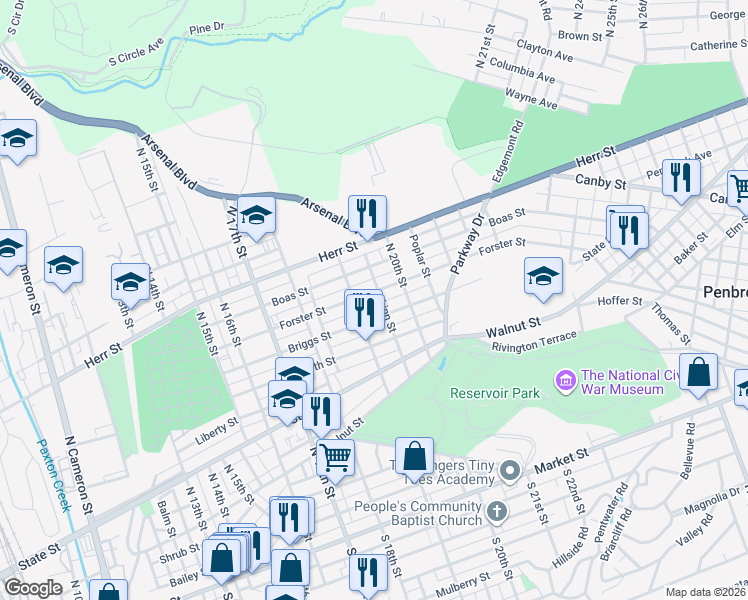 map of restaurants, bars, coffee shops, grocery stores, and more near 1928 Briggs Street in Harrisburg