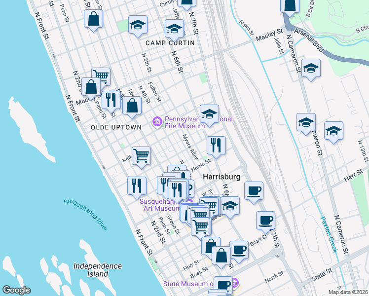 map of restaurants, bars, coffee shops, grocery stores, and more near 420 Hamilton Street in Harrisburg