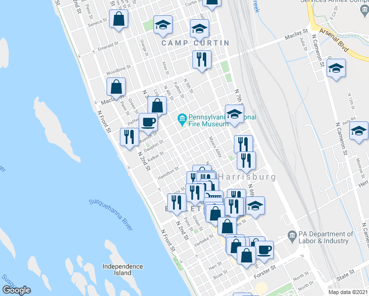map of restaurants, bars, coffee shops, grocery stores, and more near 355 Granite Street in Harrisburg