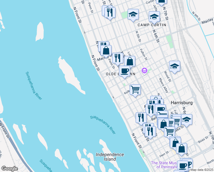 map of restaurants, bars, coffee shops, grocery stores, and more near 1909 North Front Street in Harrisburg