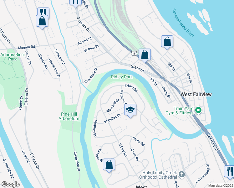 map of restaurants, bars, coffee shops, grocery stores, and more near 1612 Matthew Road in Camp Hill