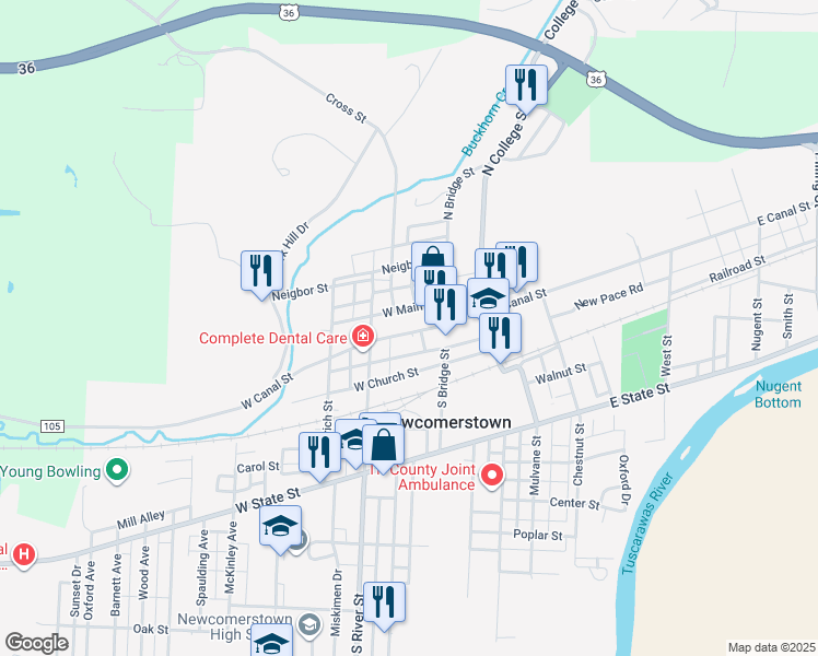 map of restaurants, bars, coffee shops, grocery stores, and more near 140 W Canal St in Newcomerstown