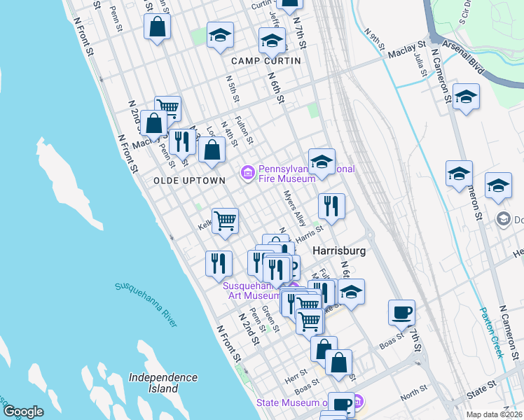 map of restaurants, bars, coffee shops, grocery stores, and more near 355 Granite Street in Harrisburg